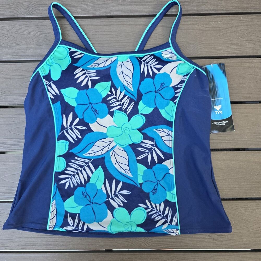 TYR Women's Blue Aurora Hugh Back Swim Tankini Top SZ 12 New